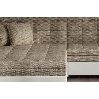 Canapé d'angle convertible en tissu beige et simili écru de qualité, 5 places, angle gauche (vu de face), SOHO