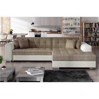 Canapé d'angle convertible en tissu beige et simili écru de qualité, 5 places, angle droit (vu de face), SOHO