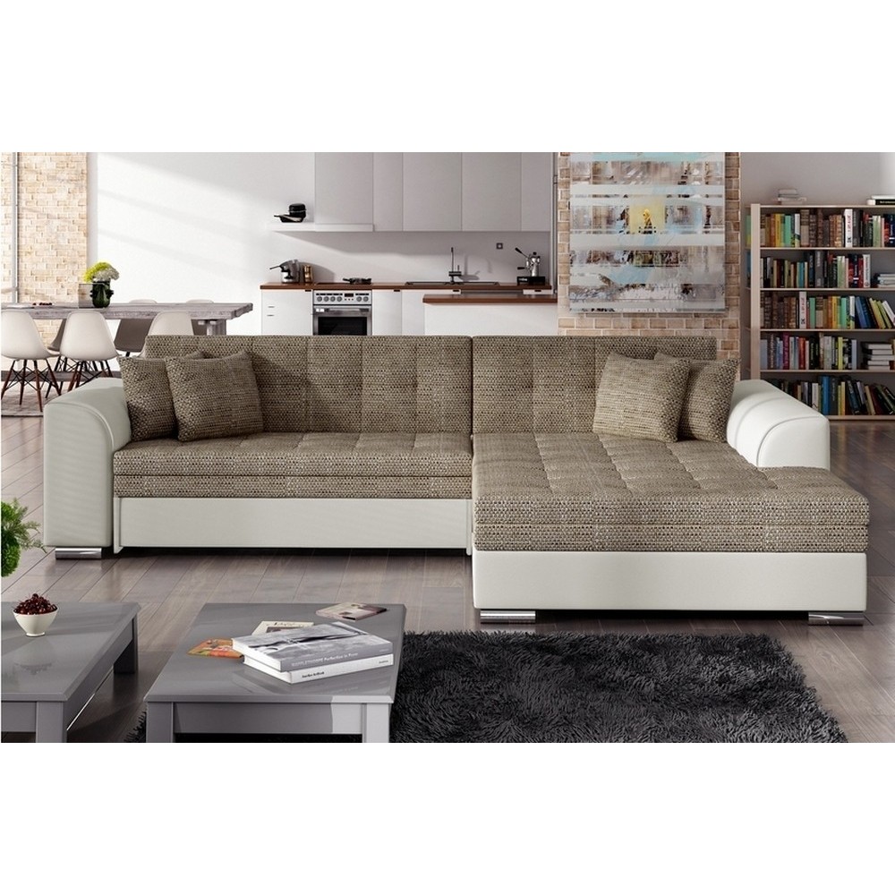 Canapé d'angle convertible en tissu beige et simili écru de qualité, 5 places, angle droit (vu de face), SOHO