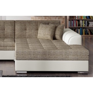 Canapé d'angle convertible en tissu beige et simili écru de qualité, 5 places, angle droit (vu de face), SOHO