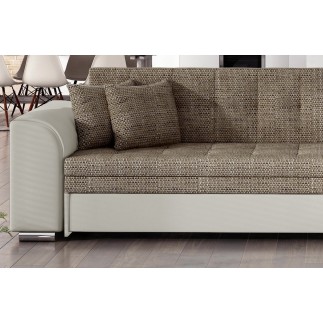 Canapé d'angle convertible en tissu beige et simili écru de qualité, 5 places, angle droit (vu de face), SOHO