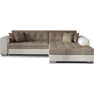 Canapé d'angle convertible en tissu beige et simili écru de qualité, 5 places, angle droit (vu de face), SOHO