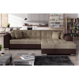 Canapé d'angle convertible en tissu beige et simili chocolat de qualité, 5 places, angle droit (vu de face), SOHO