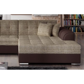 Canapé d'angle convertible en tissu beige et simili chocolat de qualité, 5 places, angle droit (vu de face), SOHO