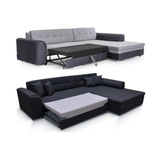 Canapé d'angle convertible en tissu beige et simili chocolat de qualité, 5 places, angle droit (vu de face), SOHO
