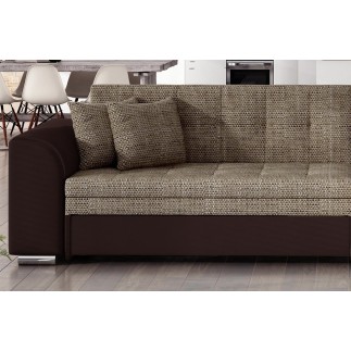 Canapé d'angle convertible en tissu beige et simili chocolat de qualité, 5 places, angle droit (vu de face), SOHO
