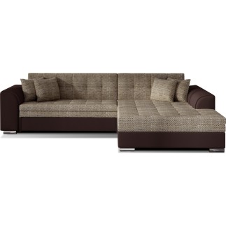 Canapé d'angle convertible en tissu beige et simili chocolat de qualité, 5 places, angle droit (vu de face), SOHO
