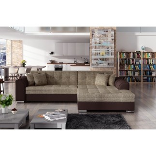 Canapé d'angle convertible en tissu beige et simili chocolat de qualité, 5 places, angle droit (vu de face), SOHO
