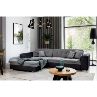 - Canapé d'angle convertible en tissu velours gris et noir Luxe, 5 places, angle gauche (vu de face), SOHO VELOURS