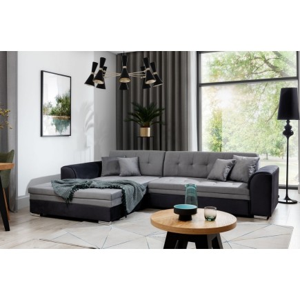 - Canapé d'angle convertible en tissu velours gris et noir Luxe, 5 places, angle gauche (vu de face), SOHO VELOURS