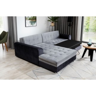 - Canapé d'angle convertible en tissu velours gris et noir Luxe, 5 places, angle gauche (vu de face), SOHO VELOURS