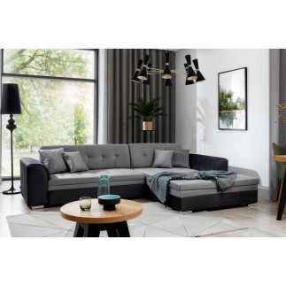Canapé d'angle convertible en tissu velours gris et noir Luxe, 5 places, angle droit (vu de face), SOHO VELOURS