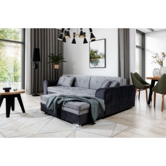 Canapé d'angle convertible en tissu velours gris et noir Luxe, 5 places, angle droit (vu de face), SOHO VELOURS