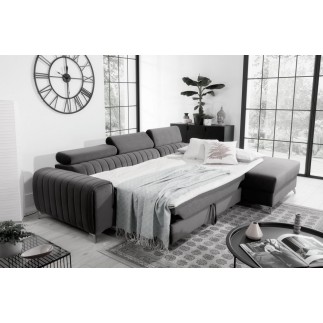 Canapé d'angle convertible en tissu velours Luxe gris, 5 places, angle droit (vu de face) - GRECE VELOURS