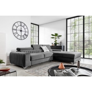 Canapé d'angle convertible en tissu velours Luxe gris, 5 places, angle droit (vu de face) - GRECE VELOURS