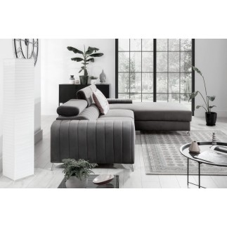 Canapé d'angle convertible en tissu velours Luxe gris, 5 places, angle droit (vu de face) - GRECE VELOURS