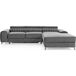 Canapé d'angle convertible en tissu velours Luxe gris, 5 places, angle droit (vu de face) - GRECE VELOURS
