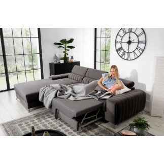 - Canapé d'angle convertible en tissu velours Luxe, chocolat, 5 places, angle gauche (vu de face) - GRECE VELOURS