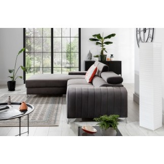 - Canapé d'angle convertible en tissu velours Luxe, chocolat, 5 places, angle gauche (vu de face) - GRECE VELOURS