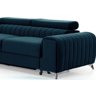 - Canapé d'angle convertible en tissu velours Luxe bleu, 5 places, angle gauche (vu de face) - GRECE VELOURS