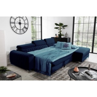Canapé d'angle convertible en tissu velours Luxe bleu, 5 places, angle droit (vu de face) - GRECE VELOURS