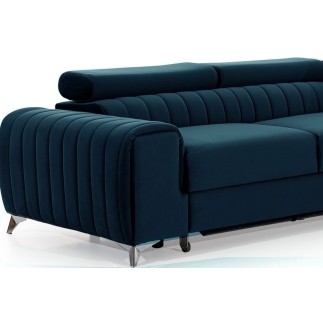 Canapé d'angle convertible en tissu velours Luxe bleu, 5 places, angle droit (vu de face) - GRECE VELOURS
