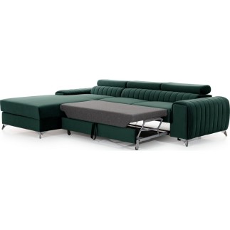 Canapé d'angle convertible en tissu velours Luxe vert, 5 places, angle gauche (vu de face) - GRECE VELOURS