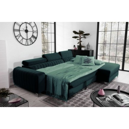 - Canapé d'angle convertible en tissu velours Luxe vert, 5 places, angle droit (vu de face) - GRECE VELOURS