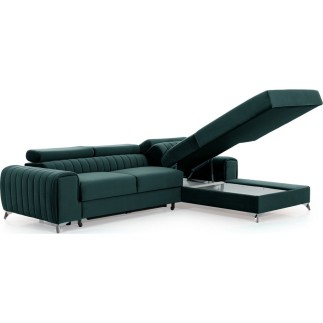 - Canapé d'angle convertible en tissu velours Luxe vert, 5 places, angle droit (vu de face) - GRECE VELOURS