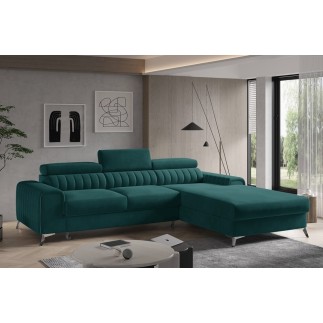 - Canapé d'angle convertible en tissu velours Luxe vert, 5 places, angle droit (vu de face) - GRECE VELOURS