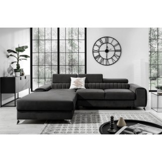 Canapé d'angle convertible en tissu velours Luxe noir, 5 places, angle gauche (vu de face) - GRECE VELOURS