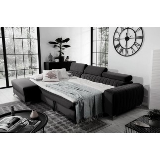 Canapé d'angle convertible en tissu velours Luxe noir, 5 places, angle gauche (vu de face) - GRECE VELOURS