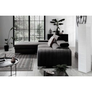 Canapé d'angle convertible en tissu velours Luxe noir, 5 places, angle gauche (vu de face) - GRECE VELOURS