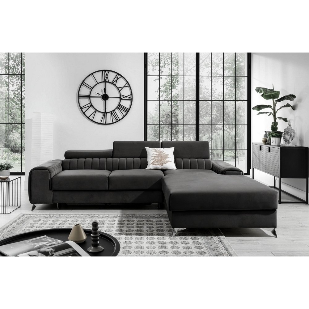 Canapé d'angle convertible en tissu velours Luxe noir, 5 places, angle droit (vu de face) - GRECE VELOURS