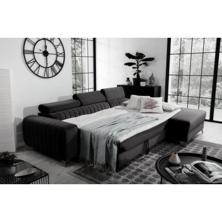 Canapé d'angle convertible en tissu velours Luxe noir, 5 places, angle droit (vu de face) - GRECE VELOURS