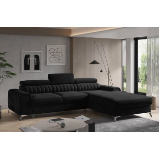 Canapé d'angle convertible en tissu velours Luxe noir, 5 places, angle droit (vu de face) - GRECE VELOURS