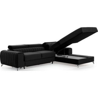 Canapé d'angle convertible en tissu velours Luxe noir, 5 places, angle droit (vu de face) - GRECE VELOURS