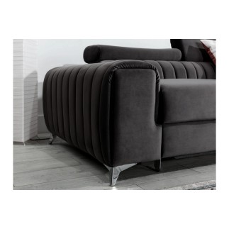 Canapé d'angle convertible en tissu velours Luxe noir, 5 places, angle droit (vu de face) - GRECE VELOURS