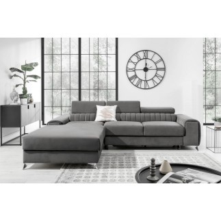Canapé d'angle convertible en tissu velours Luxe gris, 5 places, angle gauche (vu de face) - GRECE VELOURS