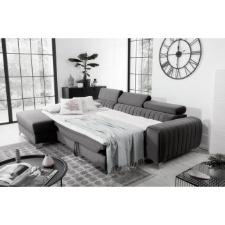 Canapé d'angle convertible en tissu velours Luxe gris, 5 places, angle gauche (vu de face) - GRECE VELOURS