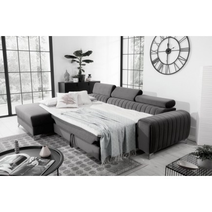 Canapé d'angle convertible en tissu velours Luxe gris, 5 places, angle gauche (vu de face) - GRECE VELOURS