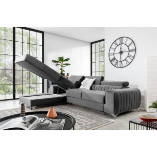 Canapé d'angle convertible en tissu velours Luxe gris, 5 places, angle gauche (vu de face) - GRECE VELOURS