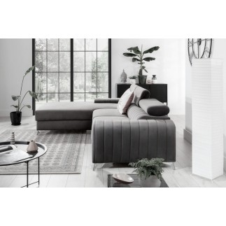 Canapé d'angle convertible en tissu velours Luxe gris, 5 places, angle gauche (vu de face) - GRECE VELOURS