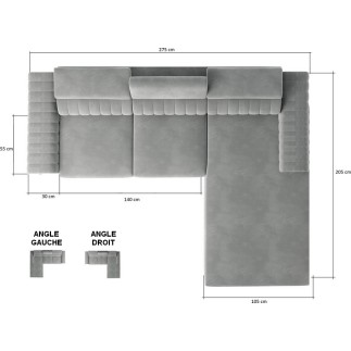 Canapé d'angle convertible en tissu velours Luxe gris, 5 places, angle gauche (vu de face) - GRECE VELOURS