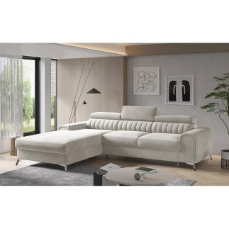 Canapé d'angle convertible en tissu velours Luxe beige, 5 places, angle gauche (vu de face) - GRECE VELOURS