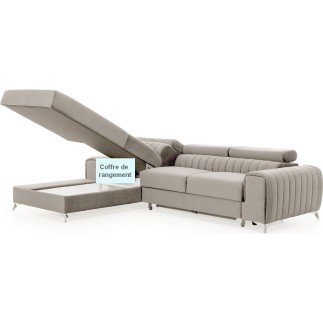 Canapé d'angle convertible en tissu velours Luxe beige, 5 places, angle gauche (vu de face) - GRECE VELOURS