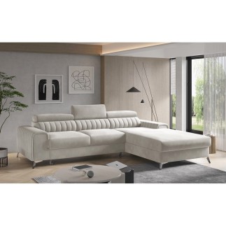 Canapé d'angle convertible en tissu velours Luxe beige, 5 places, angle droit (vu de face) - GRECE VELOURS