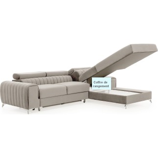 Canapé d'angle convertible en tissu velours Luxe beige, 5 places, angle droit (vu de face) - GRECE VELOURS