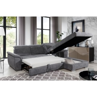 Canapé d'angle convertible en tissu Luxe gris foncé, 5 places, angle droit (vu de face) - TRESOR