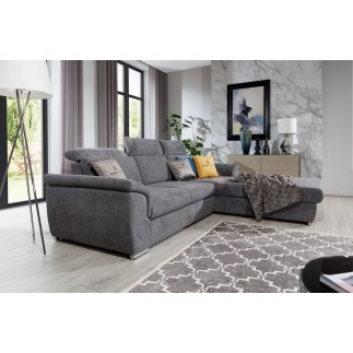 Canapé d'angle convertible en tissu Luxe gris foncé, 5 places, angle droit (vu de face) - TRESOR